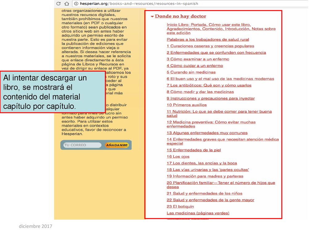 Al intentar descargar un libro, se mostrará el contenido del material capítulo por capítulo.