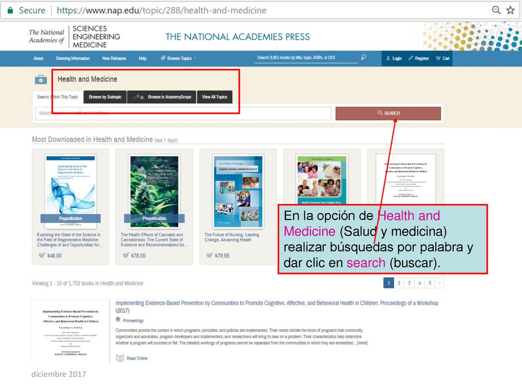 En la opción de Health and Medicine (Salud y medicina) realizar búsquedas por palabra y dar clic en search (buscar).