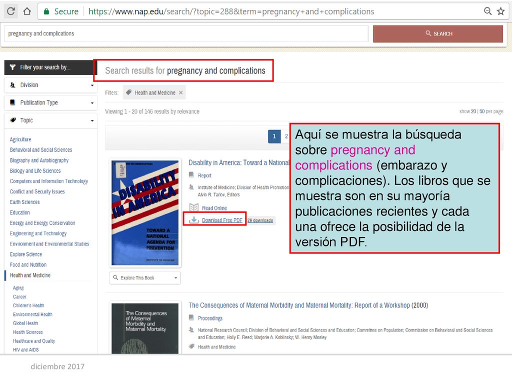Aquí se muestra la búsqueda sobre pregnancy and complications (embarazo y complicaciones). Los libros que se muestra son en su mayoría publicaciones recientes y cada una ofrece la posibilidad de la versión PDF.