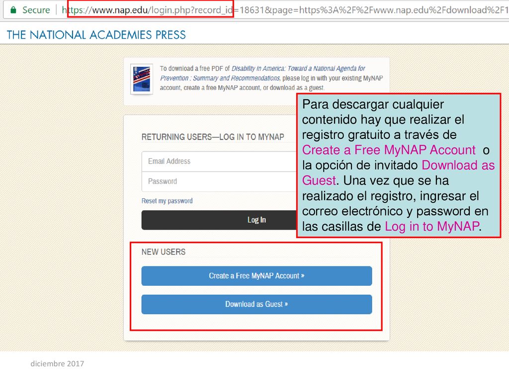 Para descargar cualquier contenido hay que realizar el registro gratuito a través de Create a Free MyNAP Account o la opción de invitado Download as Guest. Una vez que se ha realizado el registro, ingresar el correo electrónico y password en las casillas de Log in to MyNAP.