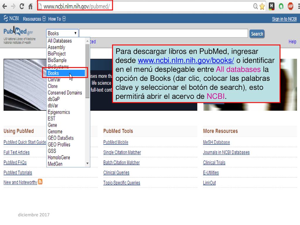 Para descargar libros en PubMed, ingresar desde www. ncbi. nlm. nih