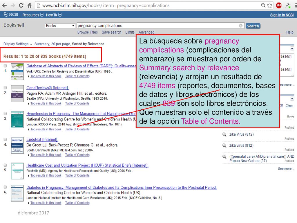 La búsqueda sobre pregnancy complications (complicaciones del embarazo) se muestran por orden de Summary search by relevance (relevancia) y arrojan un resultado de 4749 items (reportes, documentos, bases de datos y libros electrónicos) de los cuales 839 son solo libros electróncios. Que muestran solo el contenido a través de la opción Table of Contents.