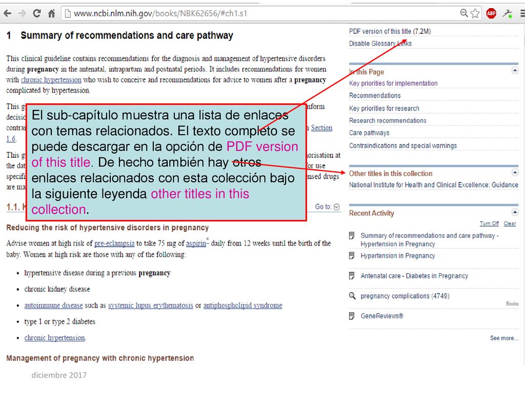 El sub-capítulo muestra una lista de enlaces con temas relacionados