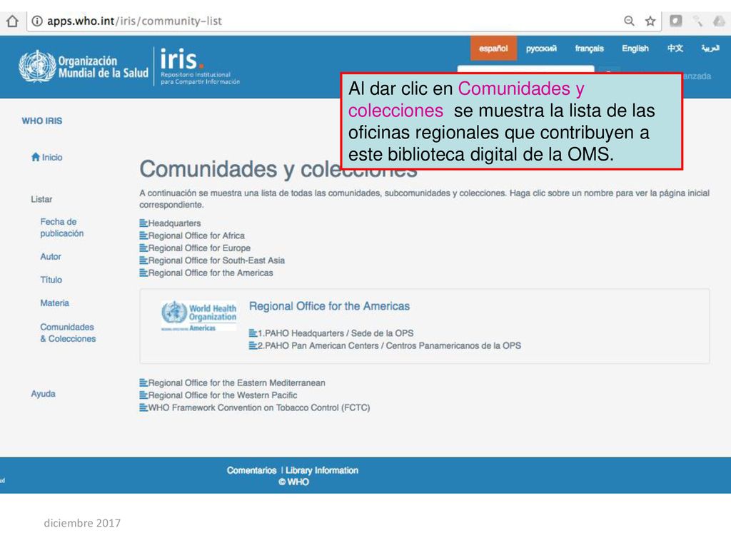 Al dar clic en Comunidades y colecciones se muestra la lista de las oficinas regionales que contribuyen a este biblioteca digital de la OMS.