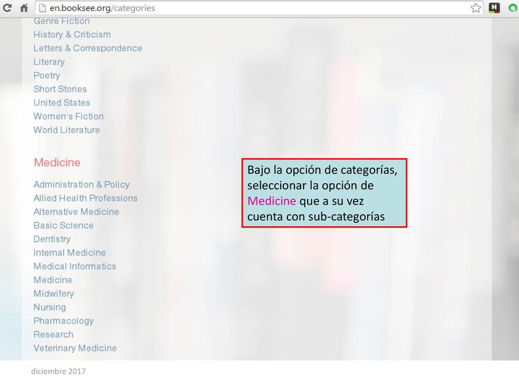 Bajo la opción de categorías, seleccionar la opción de Medicine que a su vez cuenta con sub-categorías