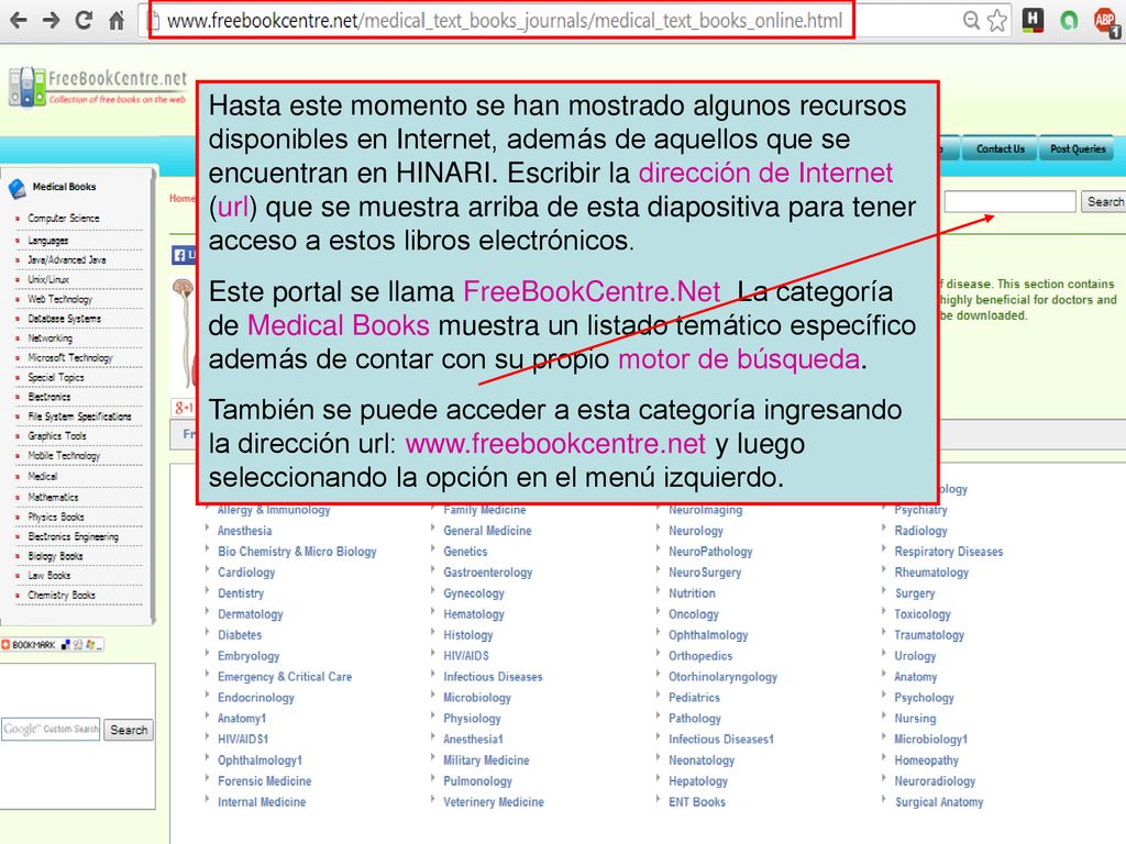 Hasta este momento se han mostrado algunos recursos disponibles en Internet, además de aquellos que se encuentran en HINARI. Escribir la dirección de Internet (url) que se muestra arriba de esta diapositiva para tener acceso a estos libros electrónicos.