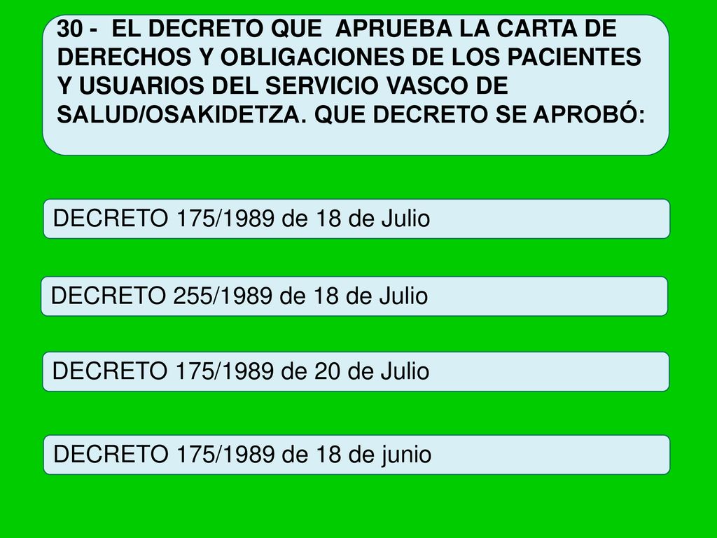 30 - EL DECRETO QUE APRUEBA LA CARTA DE DERECHOS Y OBLIGACIONES DE LOS PACIENTES Y USUARIOS DEL SERVICIO VASCO DE SALUD/OSAKIDETZA. QUE DECRETO SE APROBÓ: