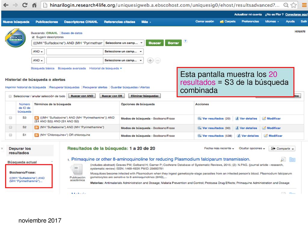 Esta pantalla muestra los 20 resultados = S3 de la búsqueda combinada