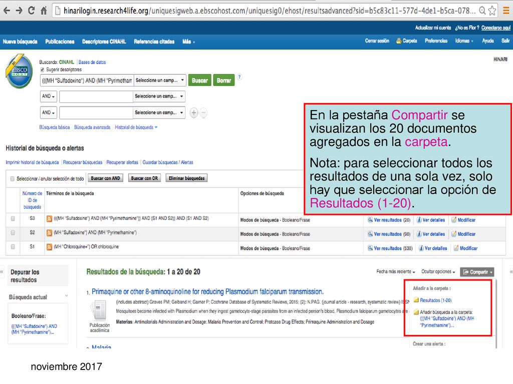 En la pestaña Compartir se visualizan los 20 documentos agregados en la carpeta.