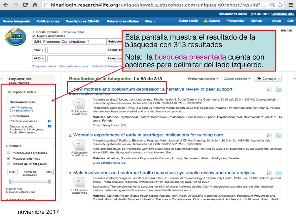 Esta pantalla muestra el resultado de la búsqueda con 313 resultados.