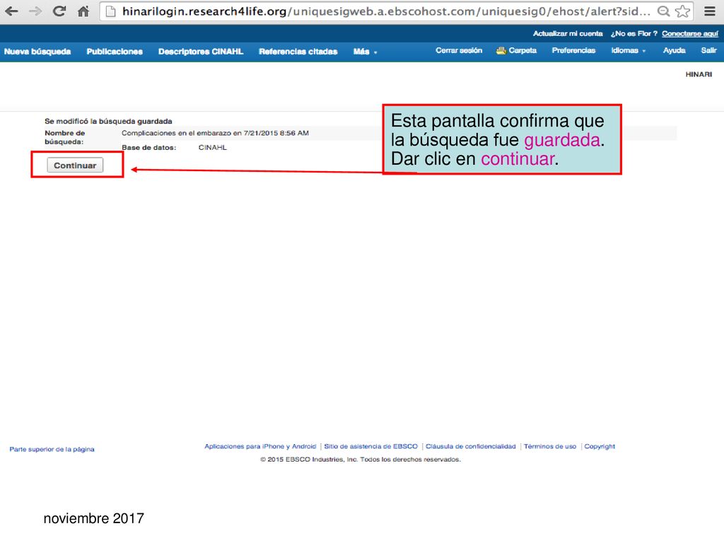 Esta pantalla confirma que la búsqueda fue guardada