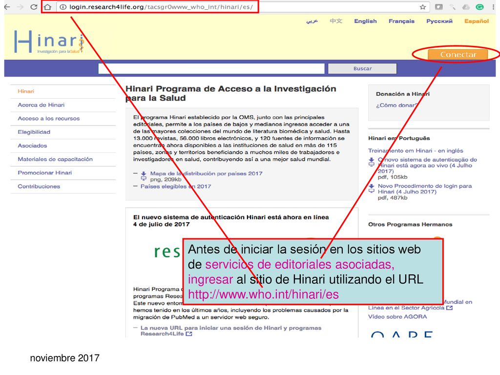 Antes de iniciar la sesión en los sitios web de servicios de editoriales asociadas, ingresar al sitio de Hinari utilizando el URL
