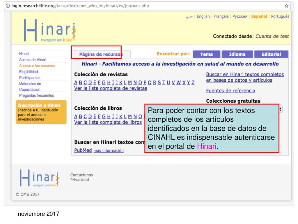 Para poder contar con los textos completos de los artículos identificados en la base de datos de CINAHL es indispensable autenticarse en el portal de Hinari.