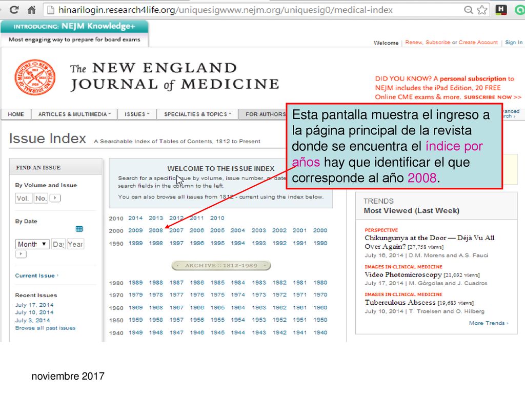 Esta pantalla muestra el ingreso a la página principal de la revista donde se encuentra el índice por años hay que identificar el que corresponde al año 2008.