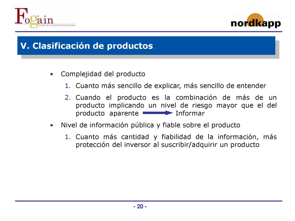 V. Clasificación de productos