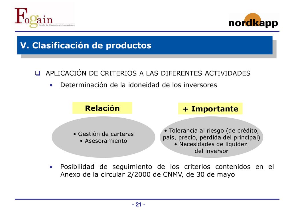 V. Clasificación de productos