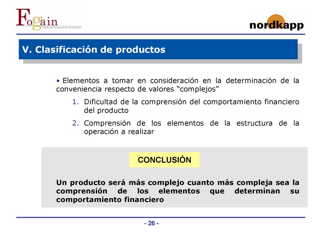 V. Clasificación de productos
