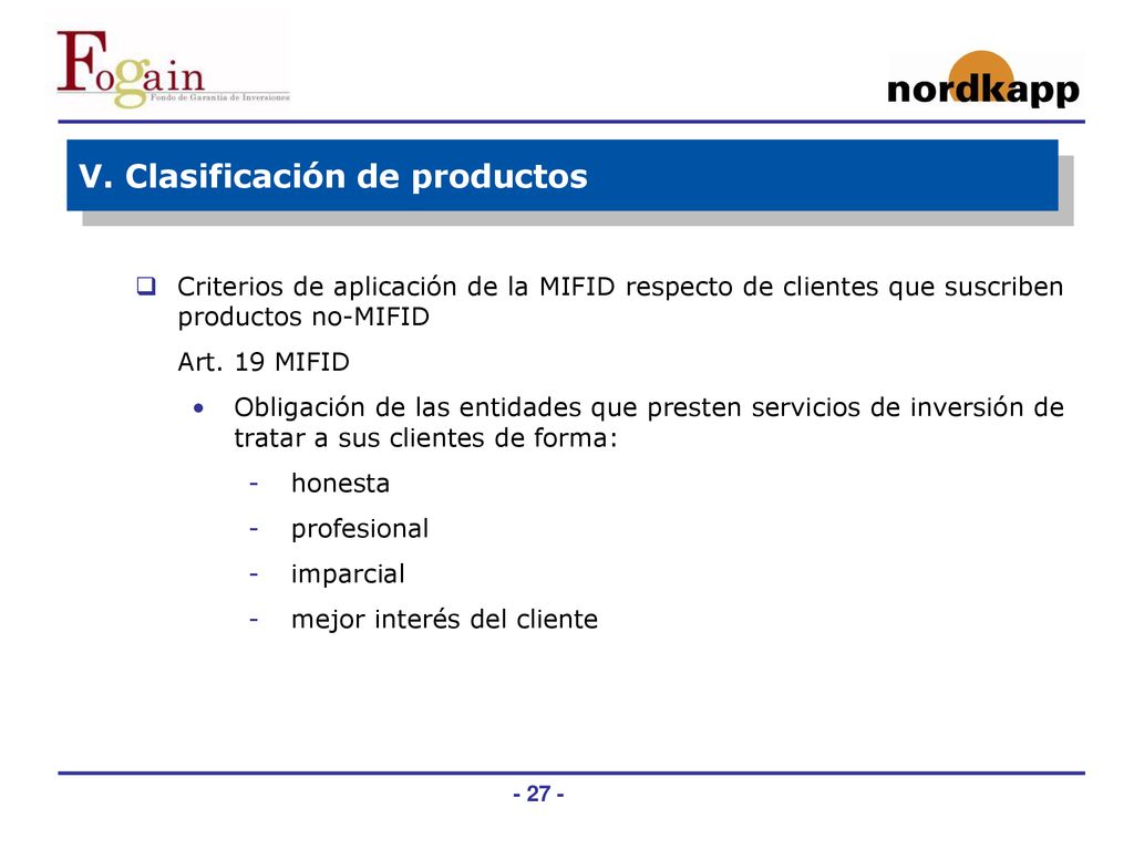 V. Clasificación de productos