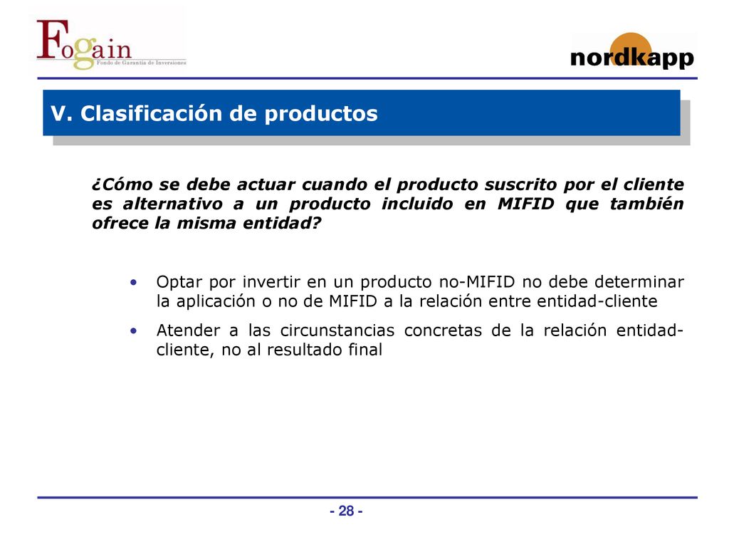 V. Clasificación de productos