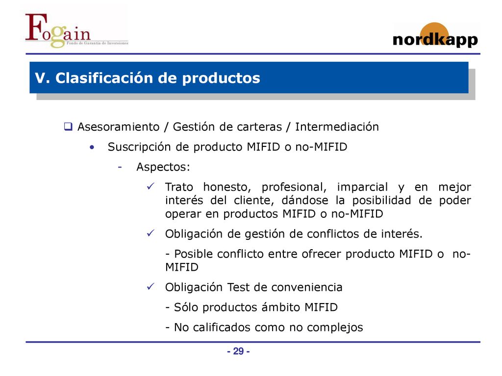 V. Clasificación de productos