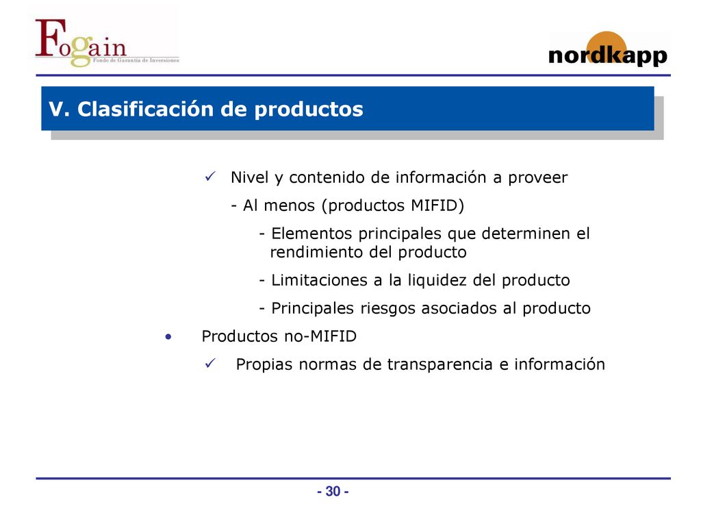 V. Clasificación de productos