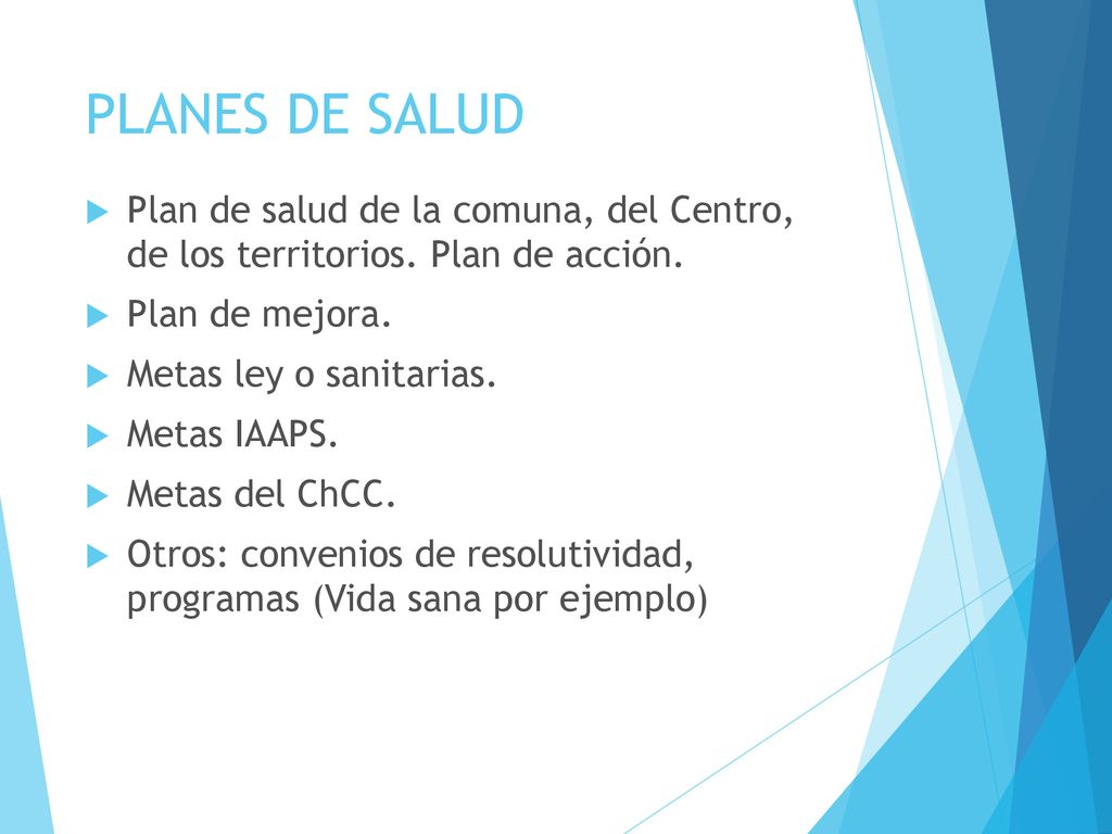 PLANES DE SALUD Plan de salud de la comuna, del Centro, de los territorios. Plan de acción. Plan de mejora.