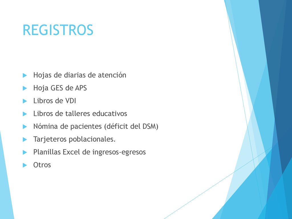 REGISTROS Hojas de diarias de atención Hoja GES de APS Libros de VDI