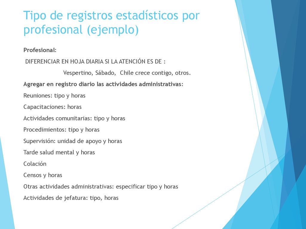 Tipo de registros estadísticos por profesional (ejemplo)