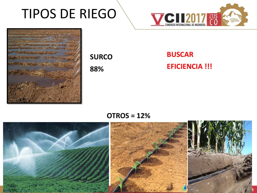 TIPOS DE RIEGO BUSCAR SURCO EFICIENCIA !!! 88% OTROS = 12%
