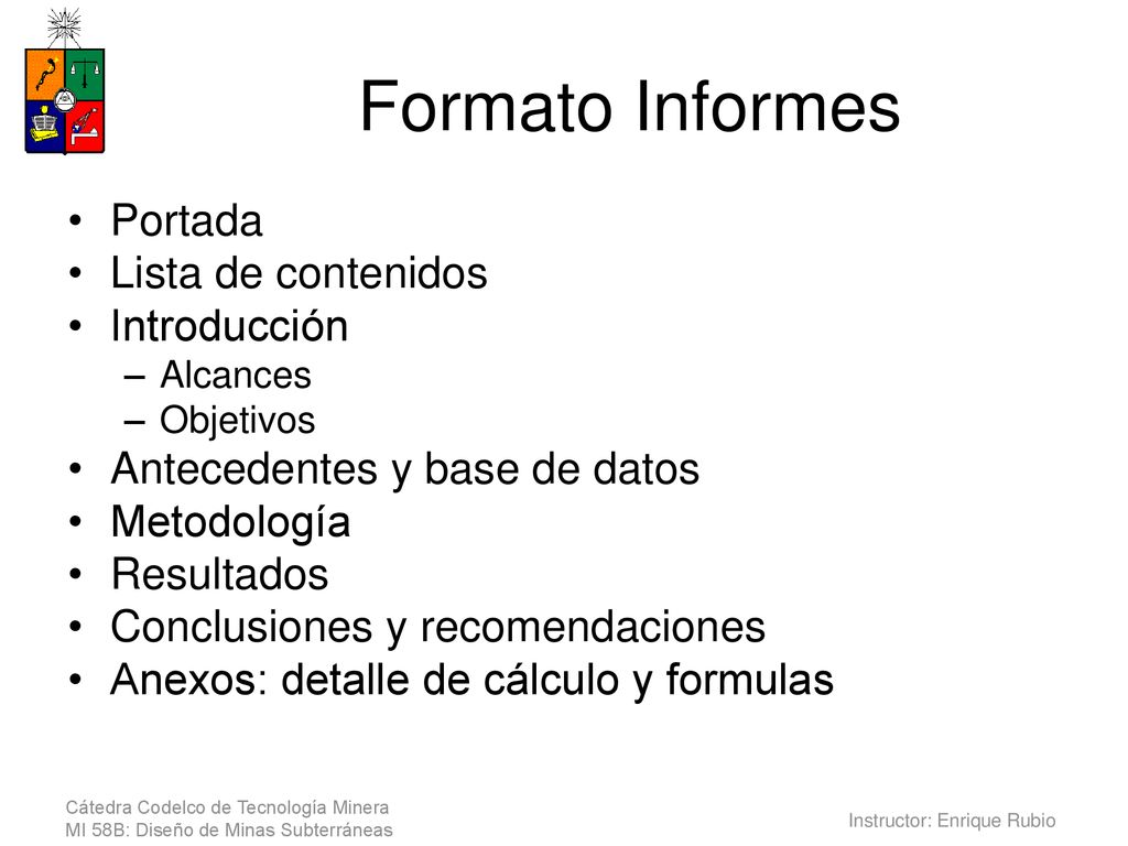 Formato Informes Portada Lista de contenidos Introducción
