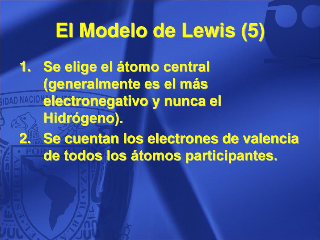 El Modelo de Lewis (5) Se elige el átomo central (generalmente es el más electronegativo y nunca el Hidrógeno).