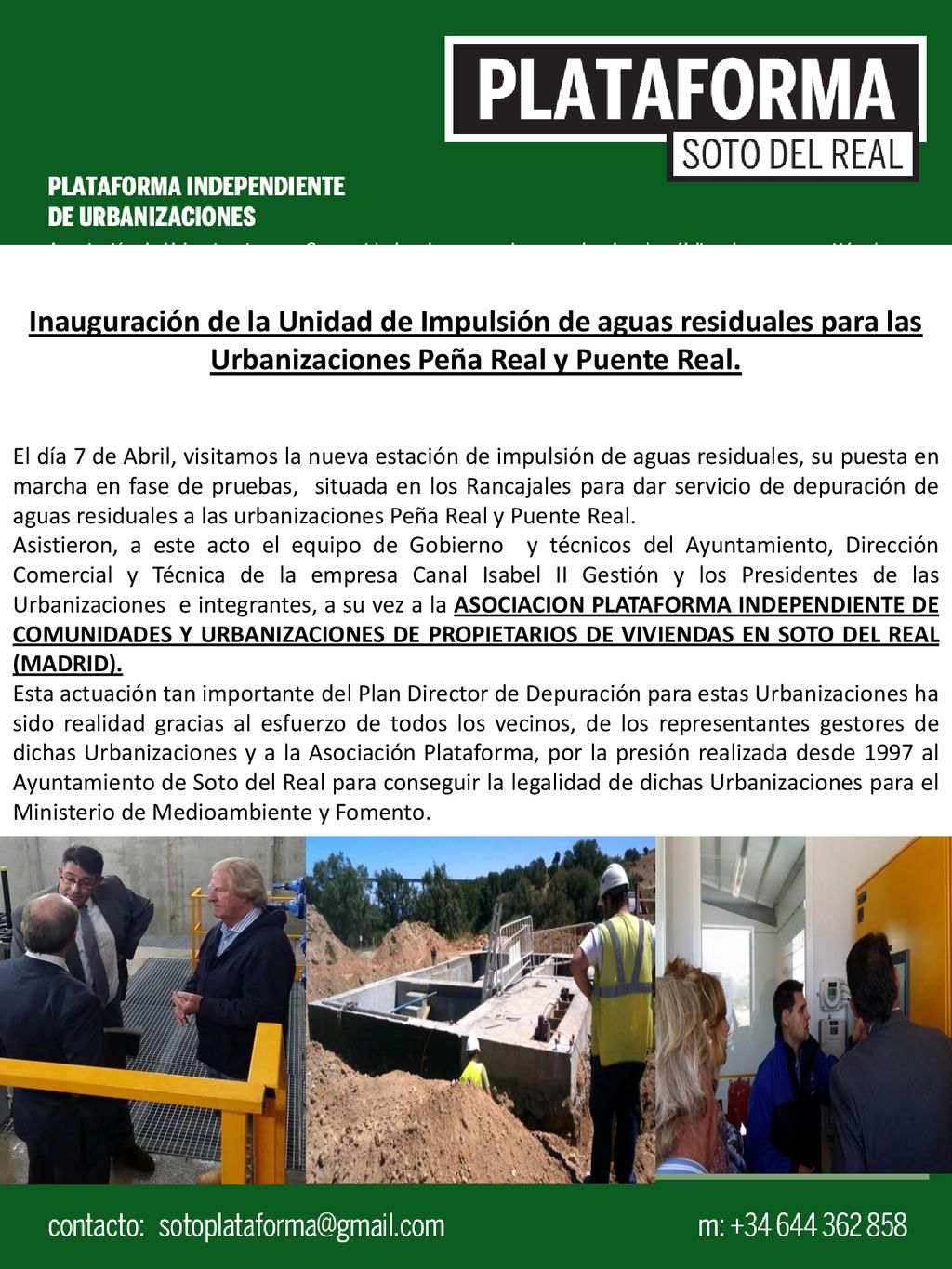 Inauguración de la Unidad de Impulsión de aguas residuales para las Urbanizaciones Peña Real y Puente Real.