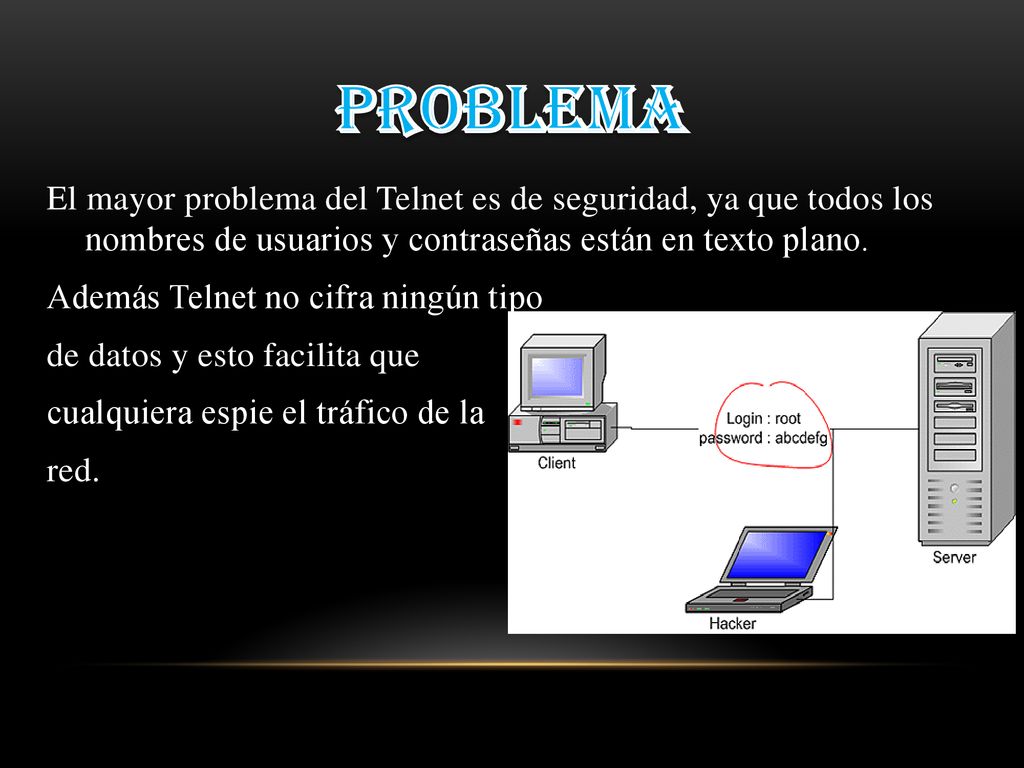 Problema El mayor problema del Telnet es de seguridad, ya que todos los nombres de usuarios y contraseñas están en texto plano.