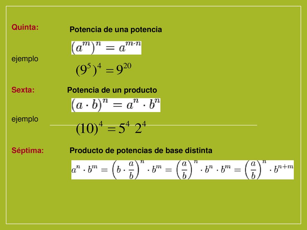 Quinta: Potencia de una potencia. ejemplo. Sexta: Potencia de un producto.