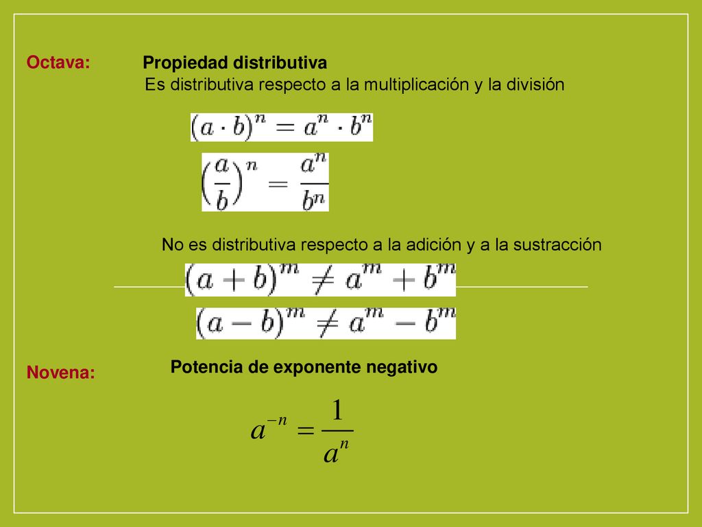 Octava: Propiedad distributiva. Es distributiva respecto a la multiplicación y la división.