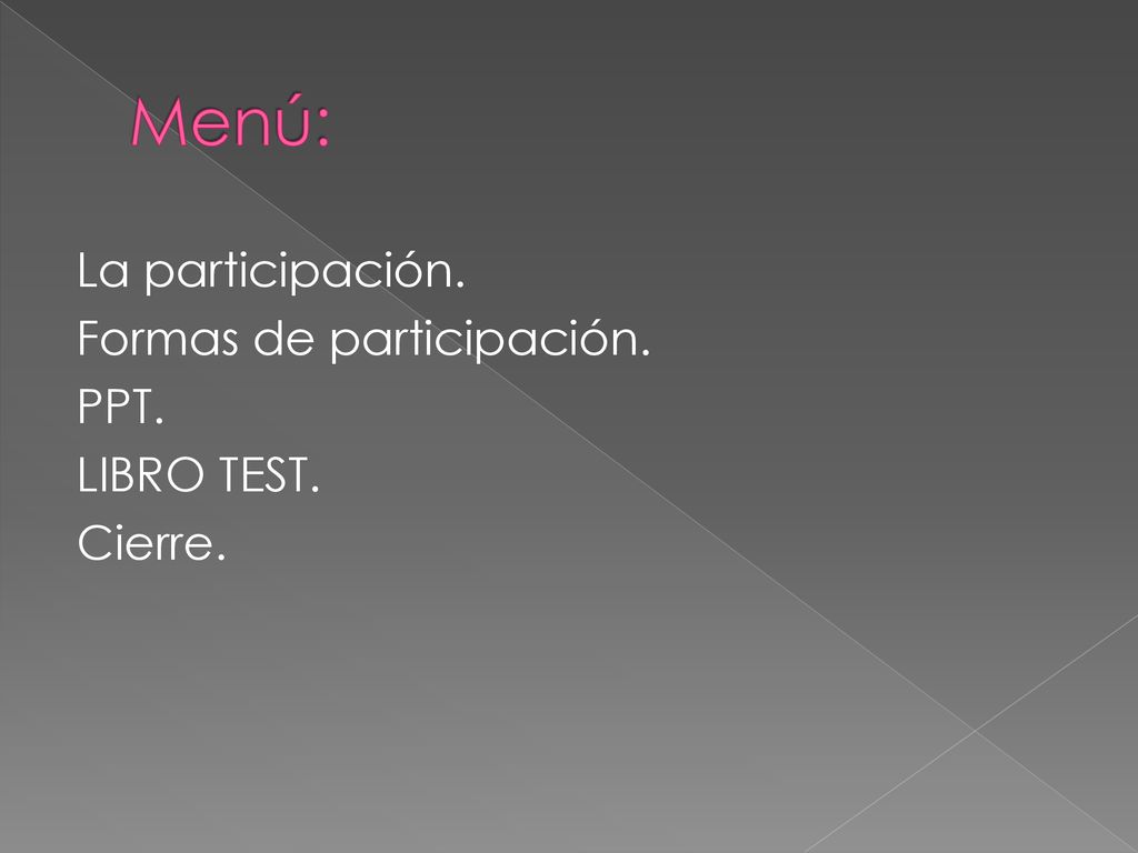 Menú: La participación. Formas de participación. PPT. LIBRO TEST. Cierre.