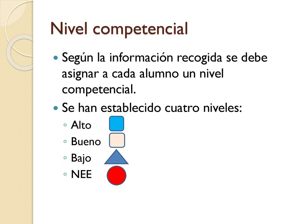 Nivel competencial Según la información recogida se debe asignar a cada alumno un nivel competencial.