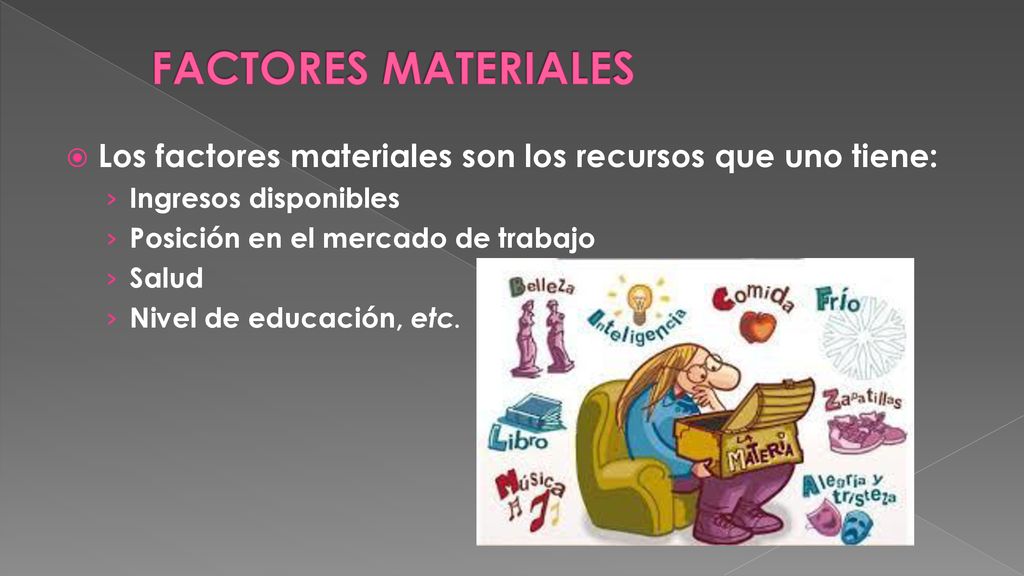 FACTORES MATERIALES Los factores materiales son los recursos que uno tiene: Ingresos disponibles. Posición en el mercado de trabajo.
