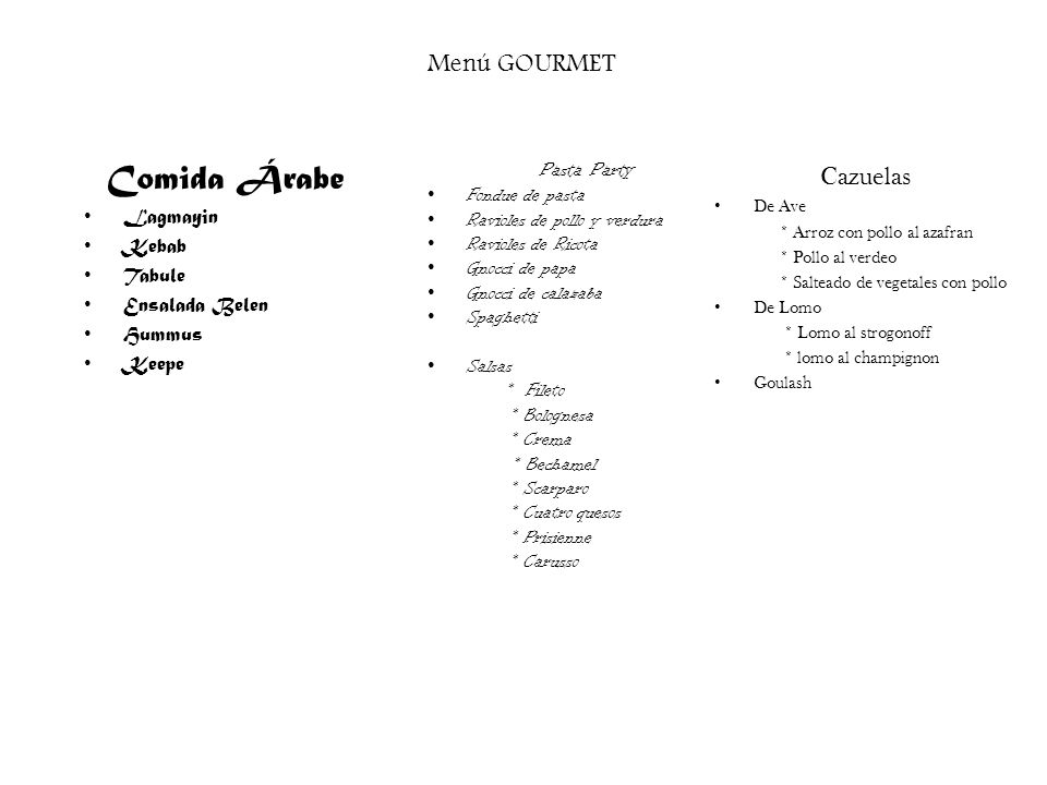 Comida Árabe Menú GOURMET Cazuelas Pasta Party Fondue de pasta