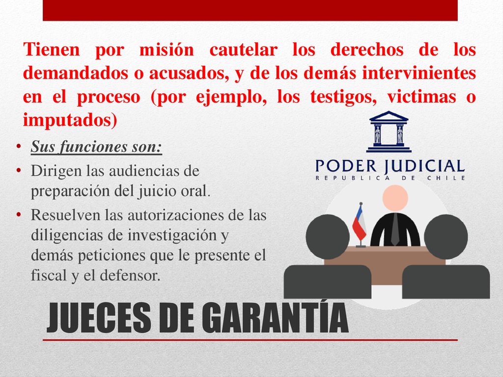 Tienen por misión cautelar los derechos de los demandados o acusados, y de los demás intervinientes en el proceso (por ejemplo, los testigos, victimas o imputados)