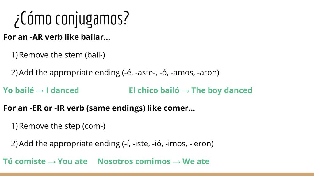 ¿Cómo conjugamos For an -AR verb like bailar… Remove the stem (bail-)