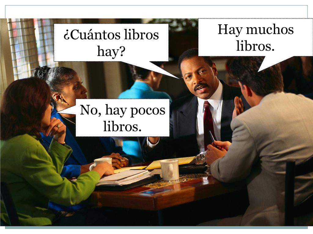 Hay muchos libros. ¿Cuántos libros hay No, hay pocos libros.