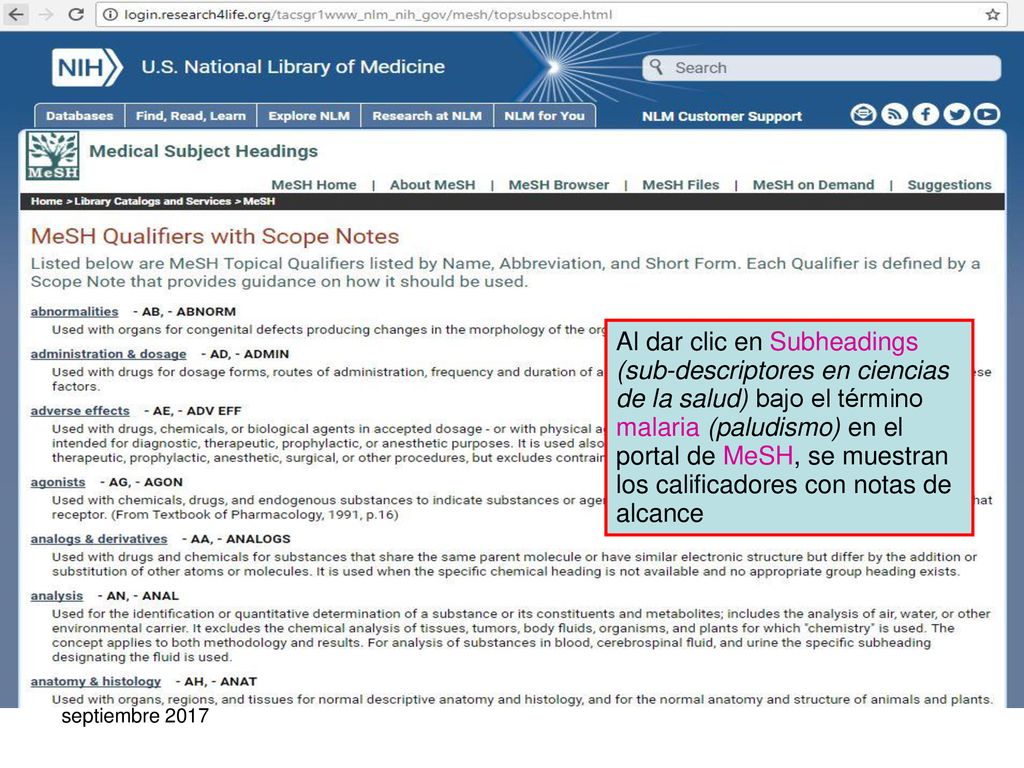 Al dar clic en Subheadings (sub-descriptores en ciencias de la salud) bajo el término malaria (paludismo) en el portal de MeSH, se muestran los calificadores con notas de alcance