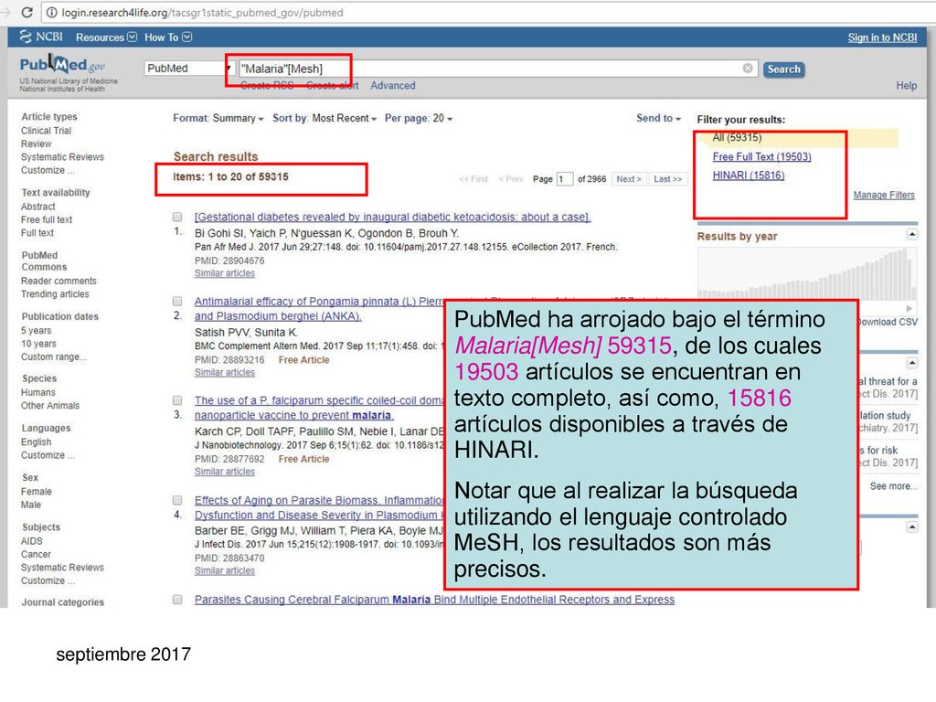 PubMed ha arrojado bajo el término Malaria[Mesh] 59315, de los cuales artículos se encuentran en texto completo, así como, artículos disponibles a través de HINARI.