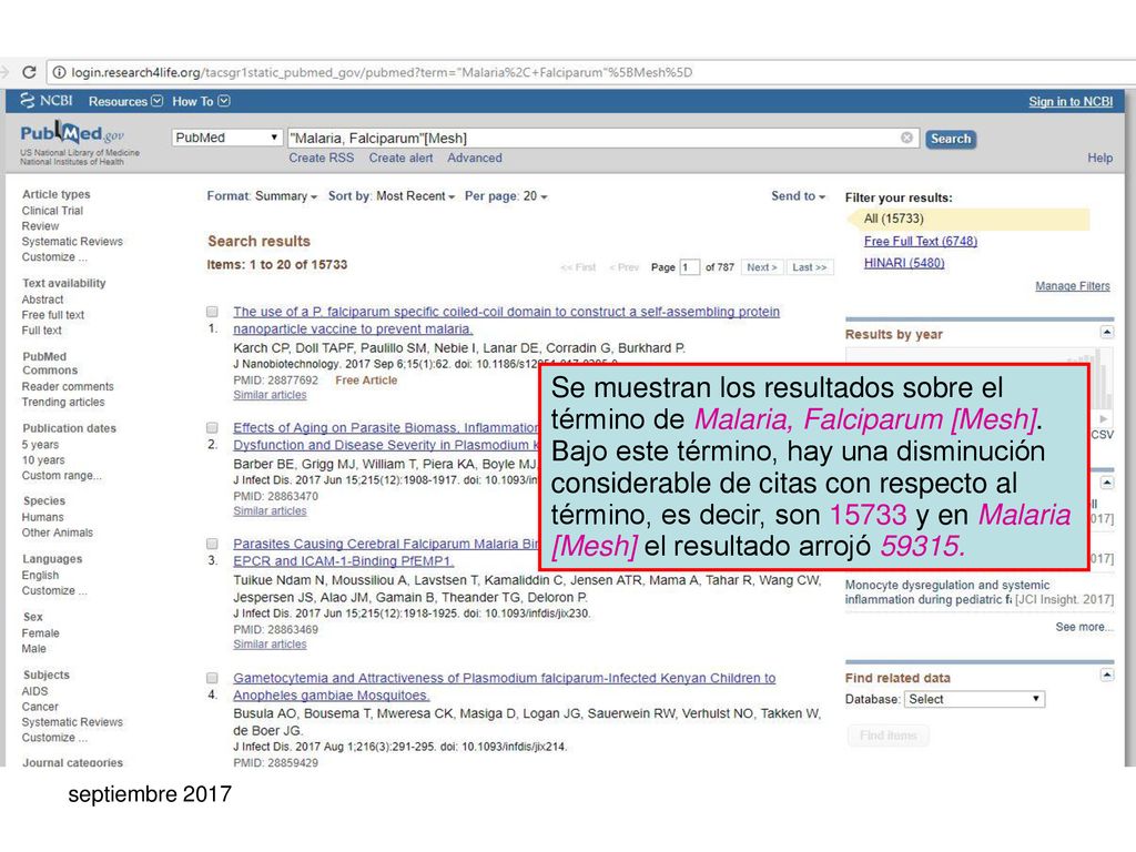 Se muestran los resultados sobre el término de Malaria, Falciparum [Mesh]. Bajo este término, hay una disminución considerable de citas con respecto al término, es decir, son y en Malaria [Mesh] el resultado arrojó