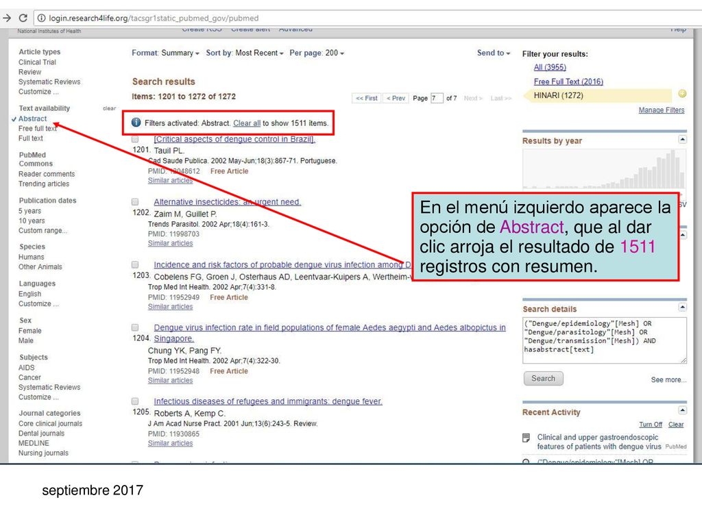 En el menú izquierdo aparece la opción de Abstract, que al dar clic arroja el resultado de 1511 registros con resumen.