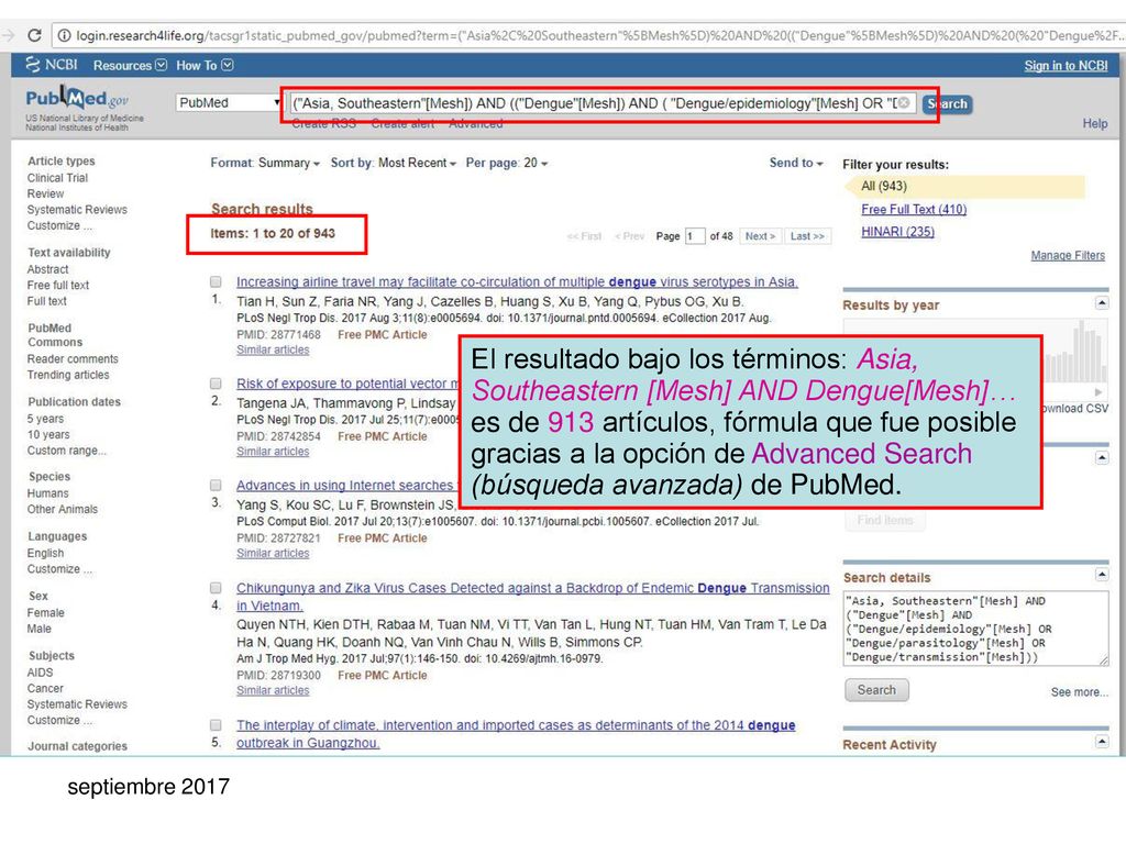 El resultado bajo los términos: Asia, Southeastern [Mesh] AND Dengue[Mesh]… es de 913 artículos, fórmula que fue posible gracias a la opción de Advanced Search (búsqueda avanzada) de PubMed.