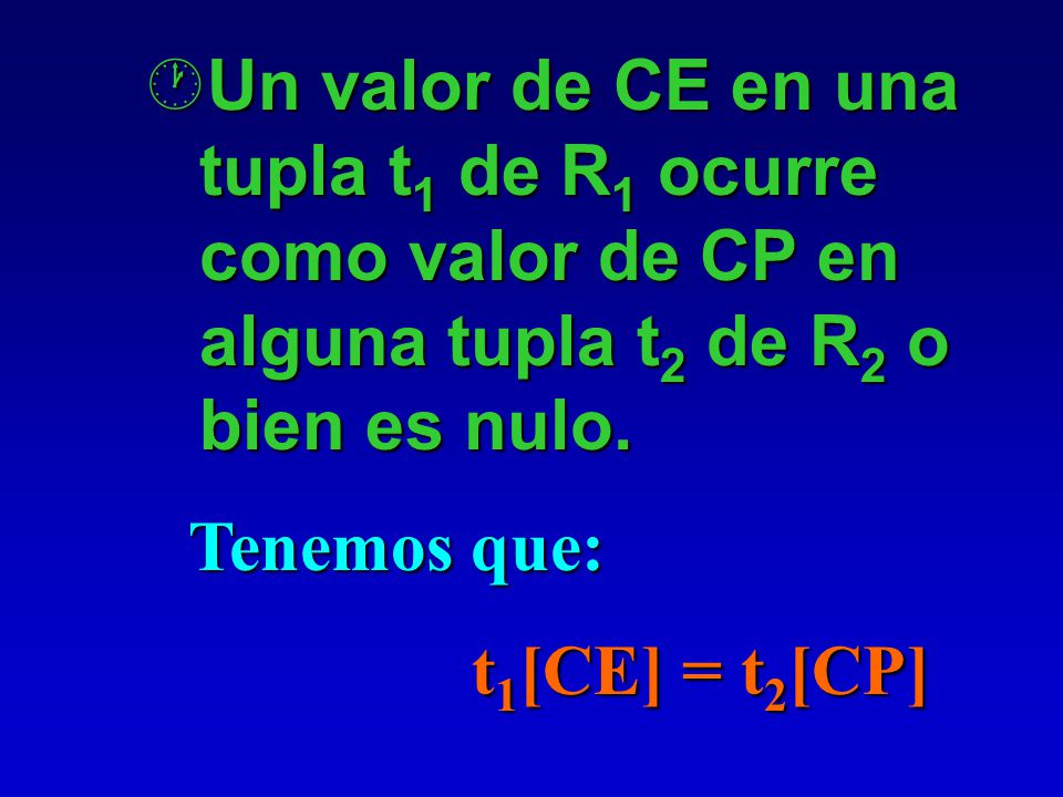 Un valor de CE en una tupla t1 de R1 ocurre como valor de CP en alguna tupla t2 de R2 o bien es nulo.