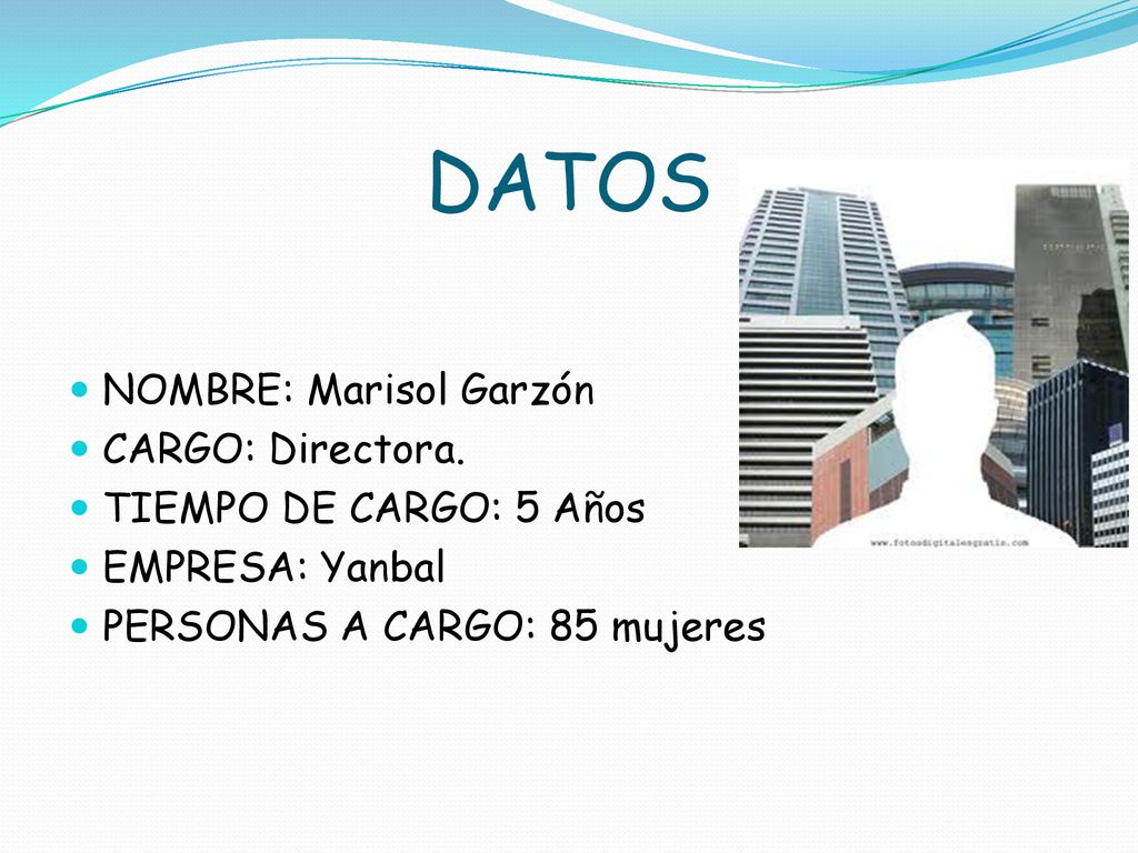 DATOS NOMBRE: Marisol Garzón CARGO: Directora. TIEMPO DE CARGO: 5 Años
