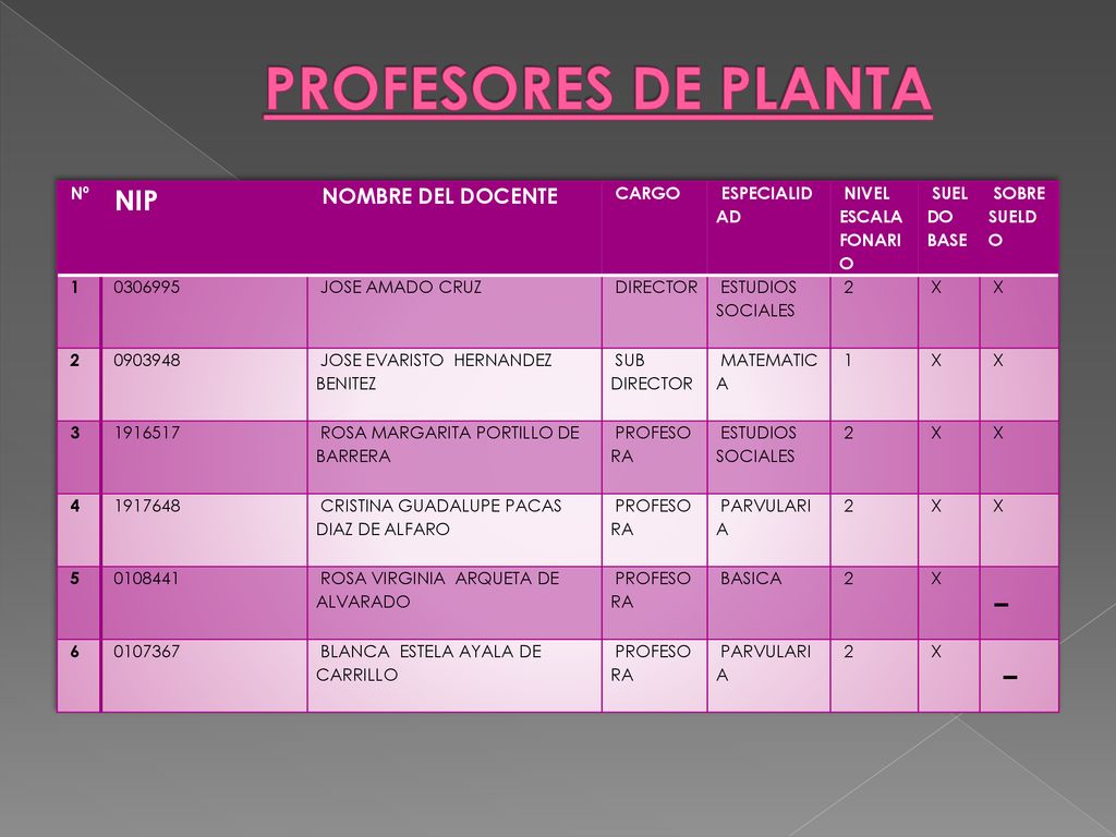 PROFESORES DE PLANTA NOMBRE DEL DOCENTE Nº NIP CARGO ESPECIALIDAD